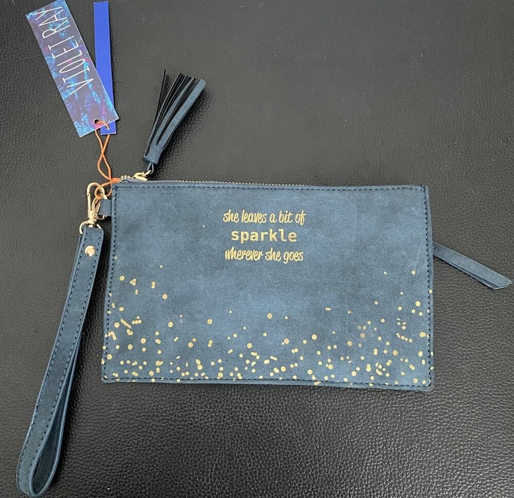 NWT Violet Ray Clutch Purse Wristlet “She Leaves a Bit Of Sparkle” Blue/teal